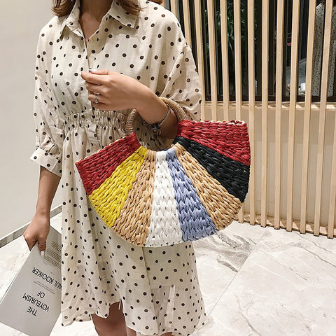 Fashion Straw Bag Women's Summer Rattan Bag Handmade Woven Bohemia Beach Ladies Handbags Wicker Travel Shoulder Bag Big Tote Bag