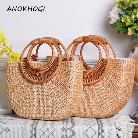 Half Moon Rattan Handmade Women Tote Bags Handbag Straw Woven Bohemia Beach Holiday Top-handles B445