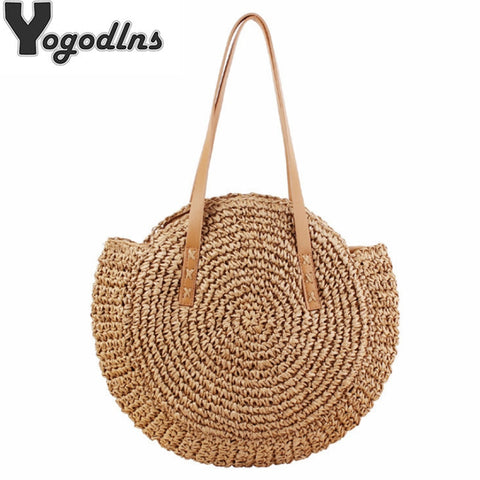 Handmade Woven Round Women Shoulder Bag Bohemian Summer Straw Beach Handbag for Travel Shopping Female Tote Rattan Wicker Bags